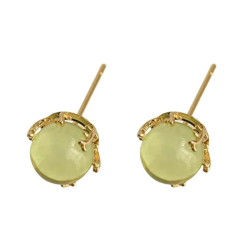 Minimalist French Retro Green Pearl Stud Earrings Copper Round Bead Elegant Jewelry
