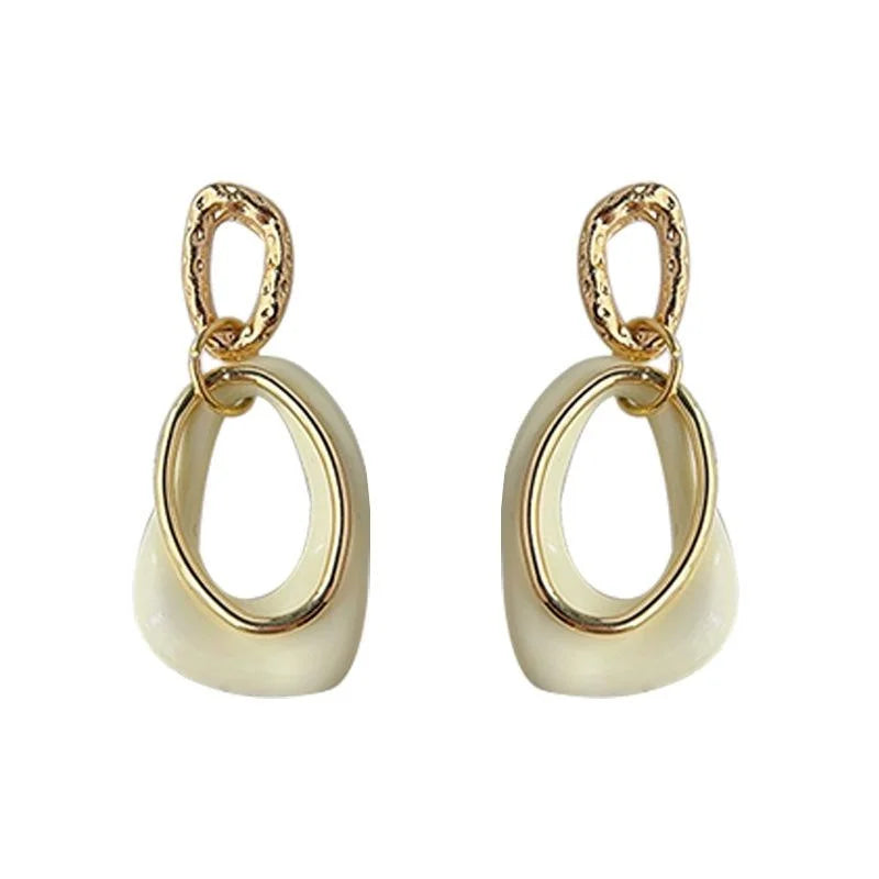 14K Gold Plated Copper Geometric Overlap Milky White Enamel Drop Earrings For Women