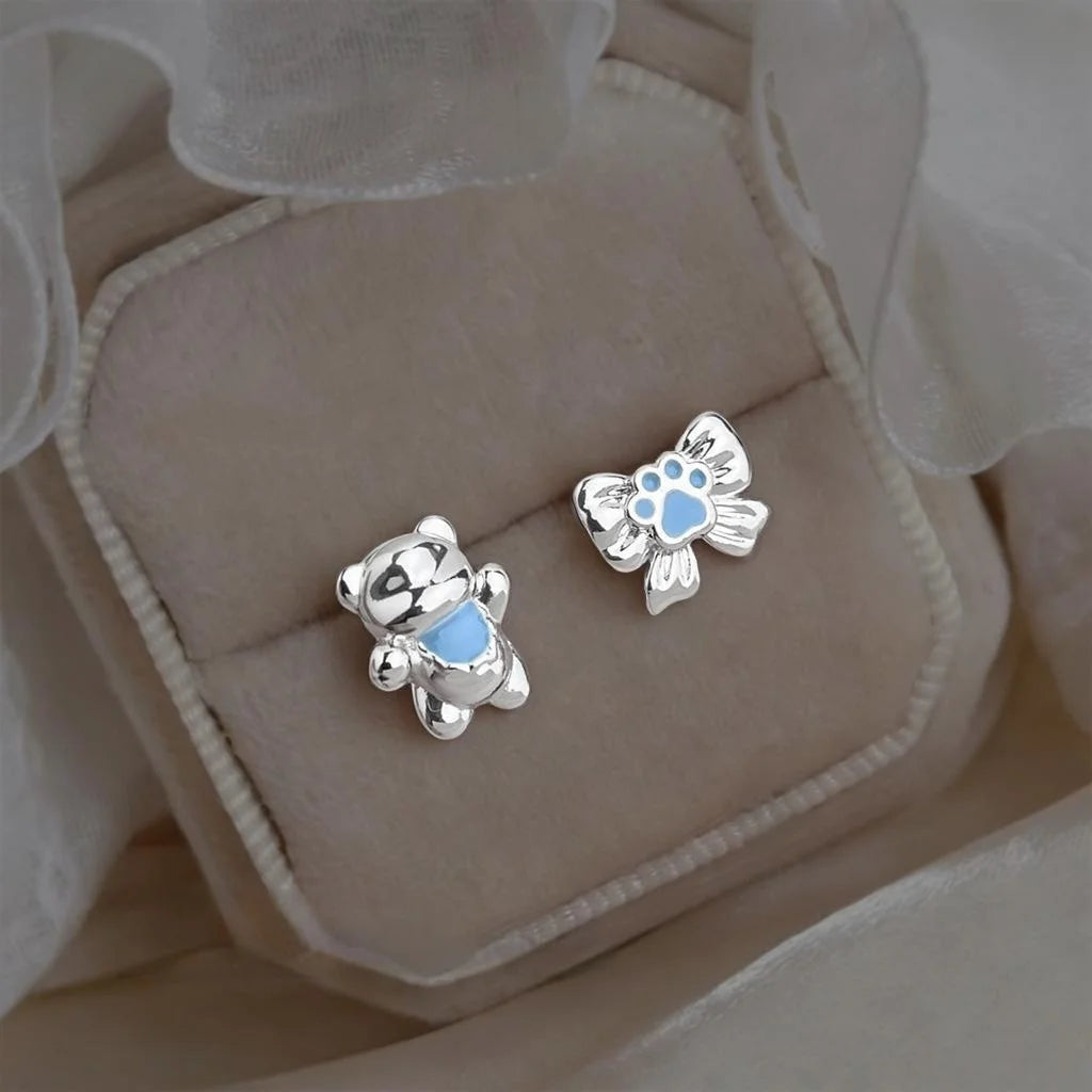 Cute Asymmetric Bear Bow Copper Enamel Stud Earrings