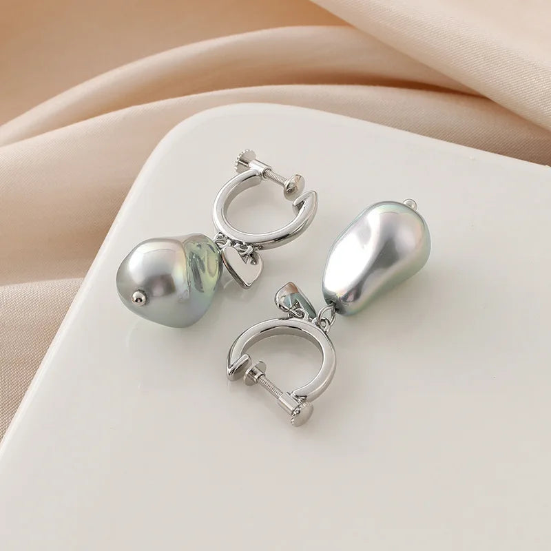 Elegant Grey Faux Baroque Pearl Heart Dangle Stud & Clip On No Piercing Alloy Hoop Earrings