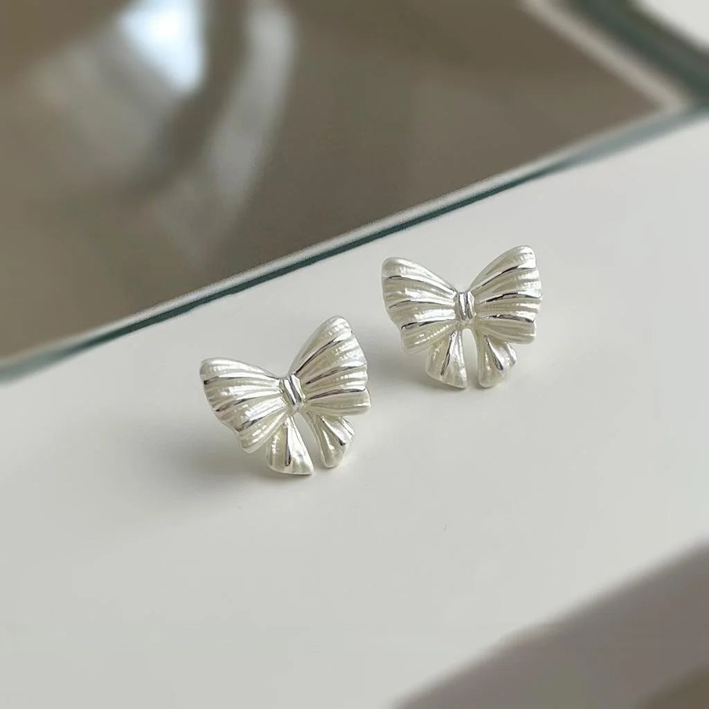 Elegant White Bow Stud Earrings Copper Fashion Jewelry