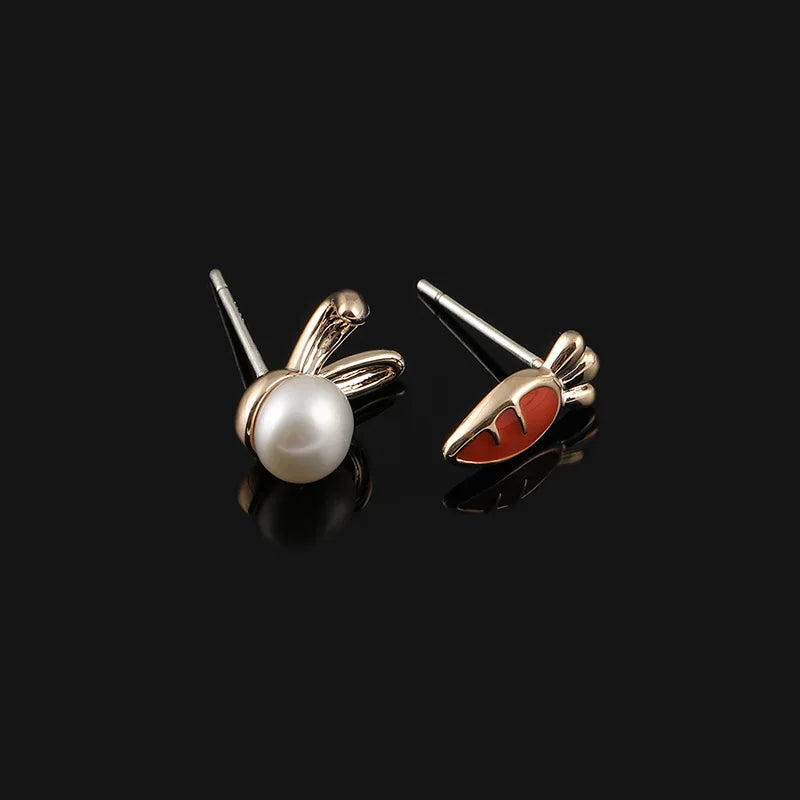 Cute Asymmetric Bunny And Carrot Freshwater Pearl Enamel Alloy Stud & Clip On No Piercing Earrings