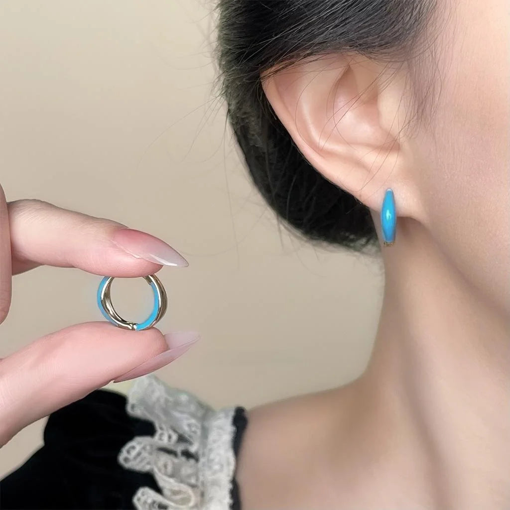 Elegant Blue Cream Copper Geometric Hoop Drop Earrings For Women Versatile Commuter Jewelry