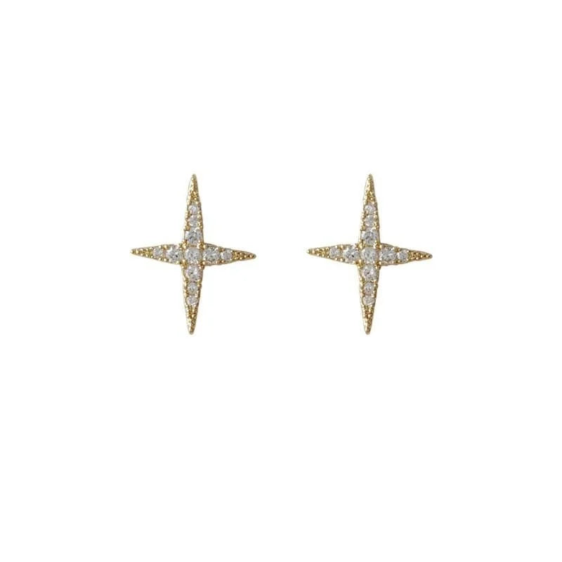 14K Plated Copper Star Cross Stud Earrings With Micro Pave Zircon, Minimalist Korean Style