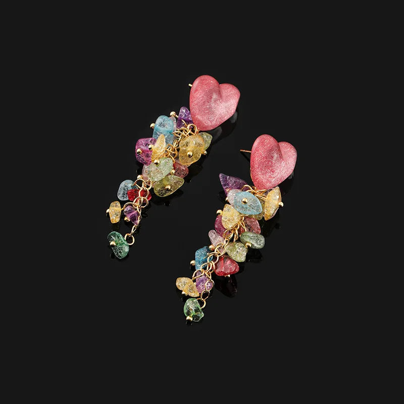 Pink Heart Colorful Crystal Chip Long Tassel Alloy Stud & Clip On No Piercing Earrings