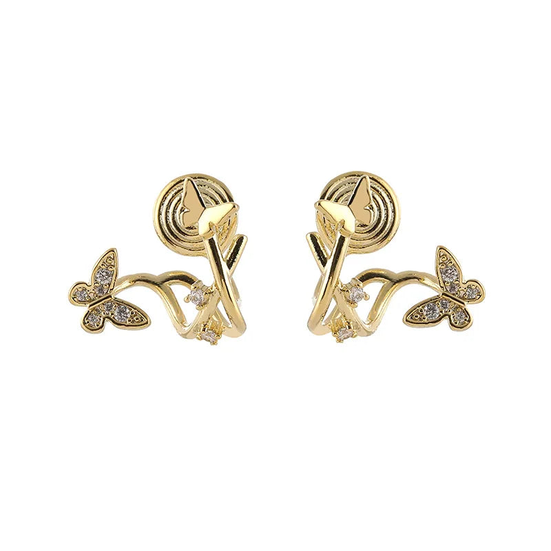 Elegant Double Butterfly Spiral Alloy Zircon Stud & Clip On No Piercing Luxury Women's Earrings