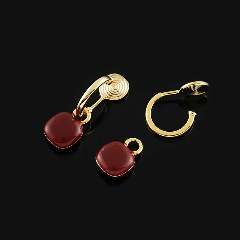 Vintage Red Enamel Square Drop Hoop Stud & Clip On No Piercing Gold Tone Alloy Spiral Disc Earrings