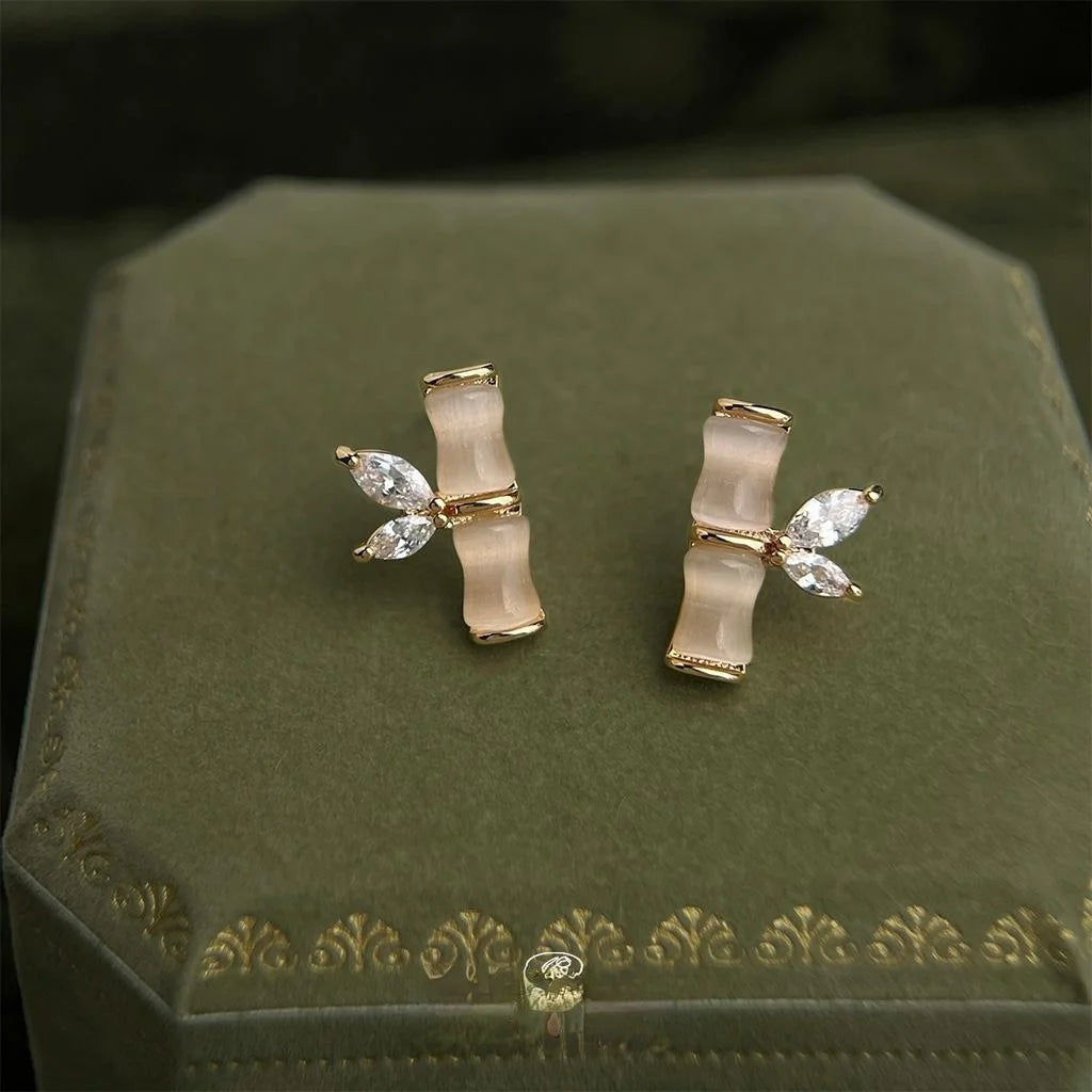 New Chinese Style Glass Cat Eye Stone Bamboo Leaf Stud Earrings Copper Micro Pave Zircon Luxury Jewelry
