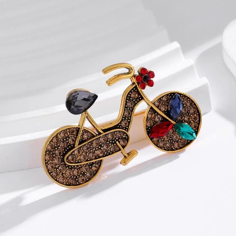 Vintage Bicycle Rhinestone Zinc Alloy Brooch, Cute Floral Bike Lapel Pin Suit Accessory Gift