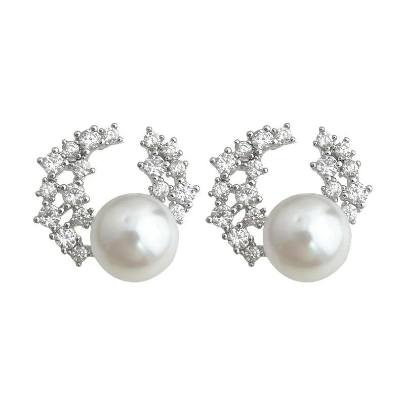 Geometric Moon Star Zircon Pearl Drop Earrings Silver Plated Needle Style Designer Jewelry