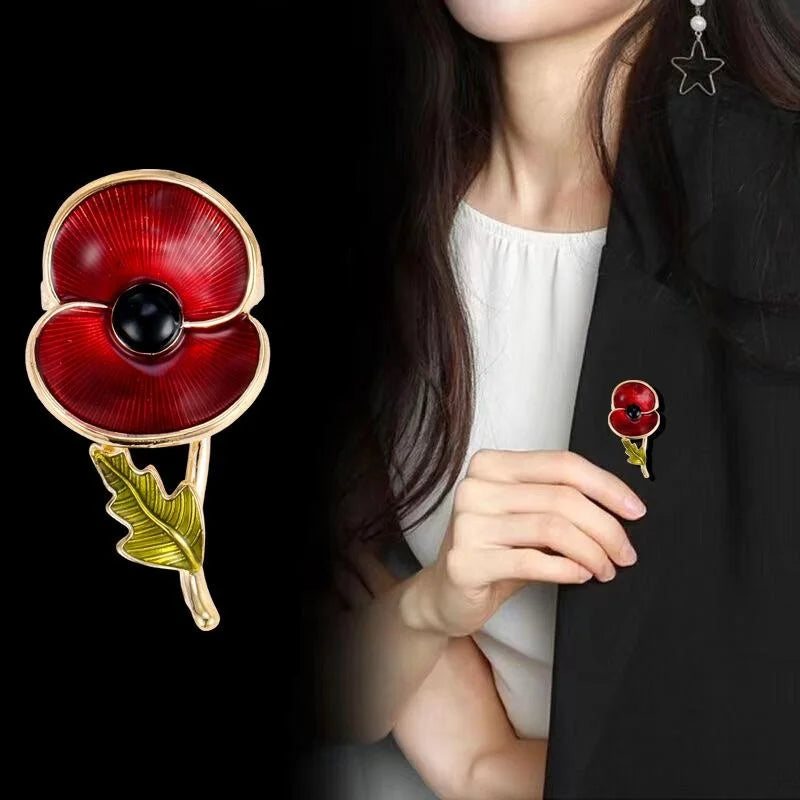 Elegant Red Enamel Poppy Flower Brooch Gold Tone Alloy Lapel Pin Corsage Suit Accessory Gift