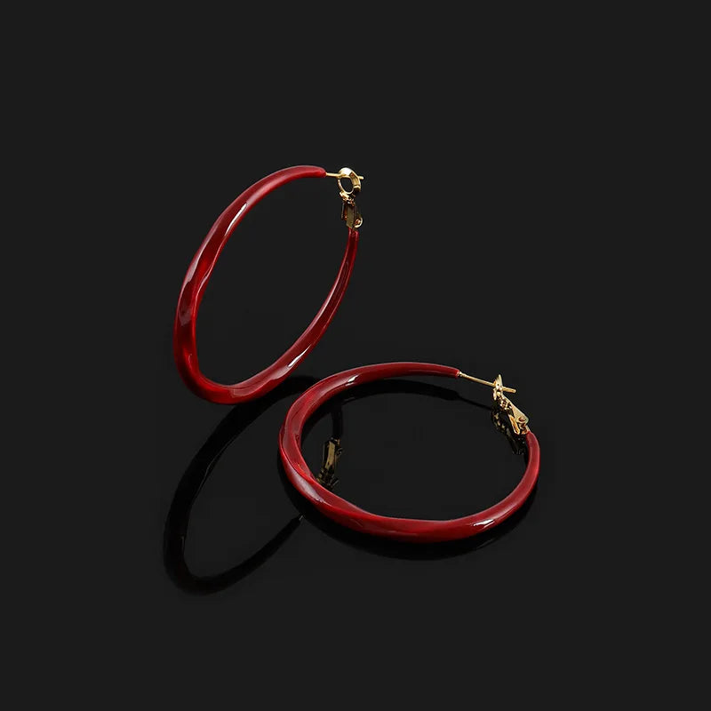 Vintage Red Enamel Twisted Large Hoop Spiral Stud & Clip On No Piercing Statement Earrings