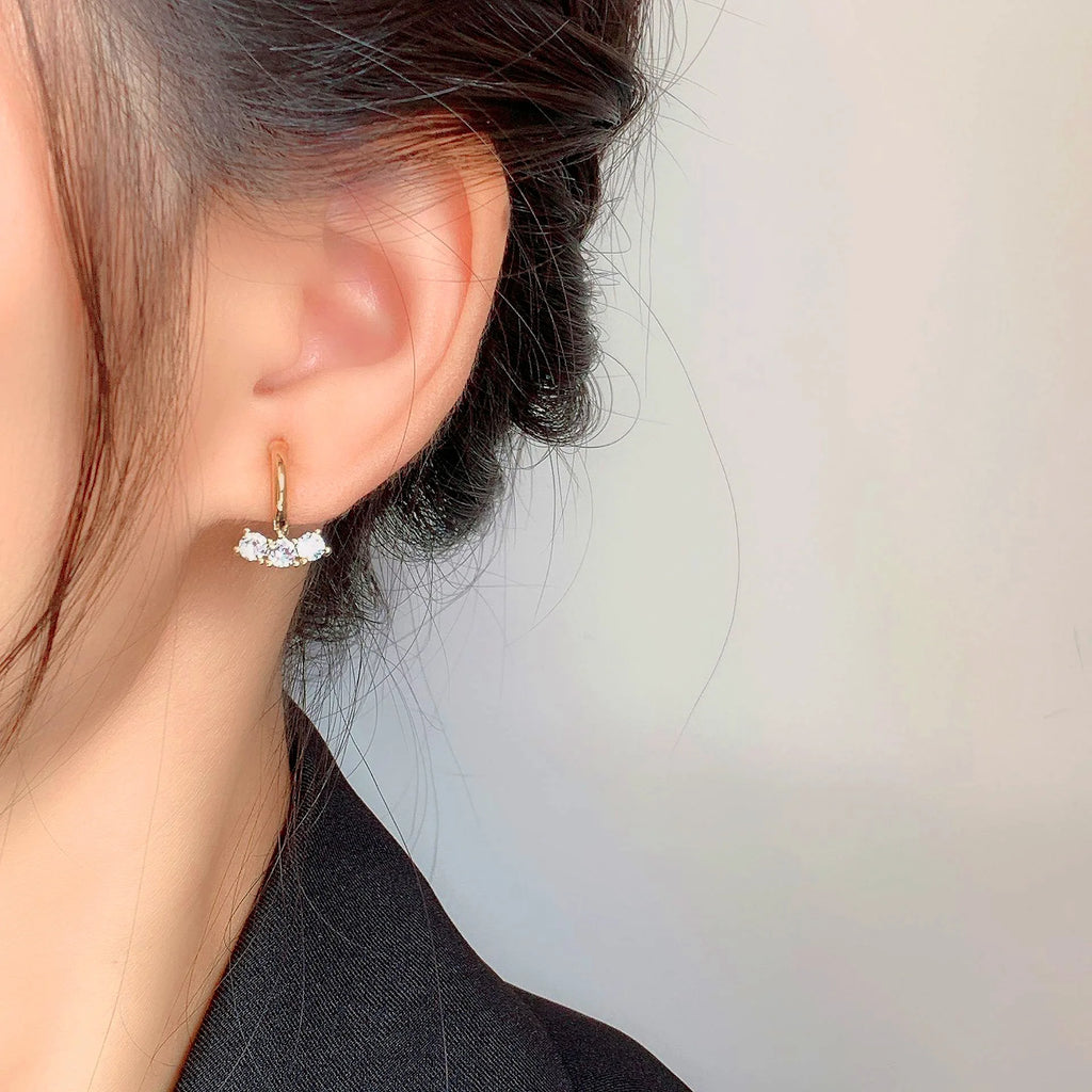 Elegant Gold Alloy Spiral Coil Hoop With Three Zircon Stones, Stud & Clip On No Piercing Earrings