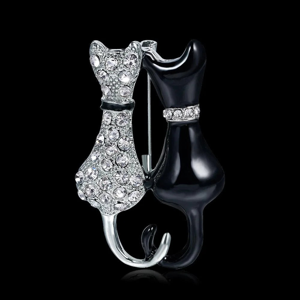 Elegant Black White Enamel Rhinestone Double Cat Brooch, Alloy Lapel Pin Corsage Suit Accessory Gift