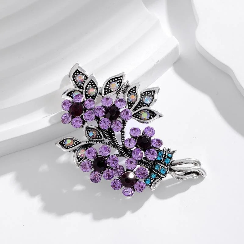 Elegant Purple Rhinestone Flower Bouquet And Leaf Brooch, Crystal Floral Lapel Pin Corsage Gift