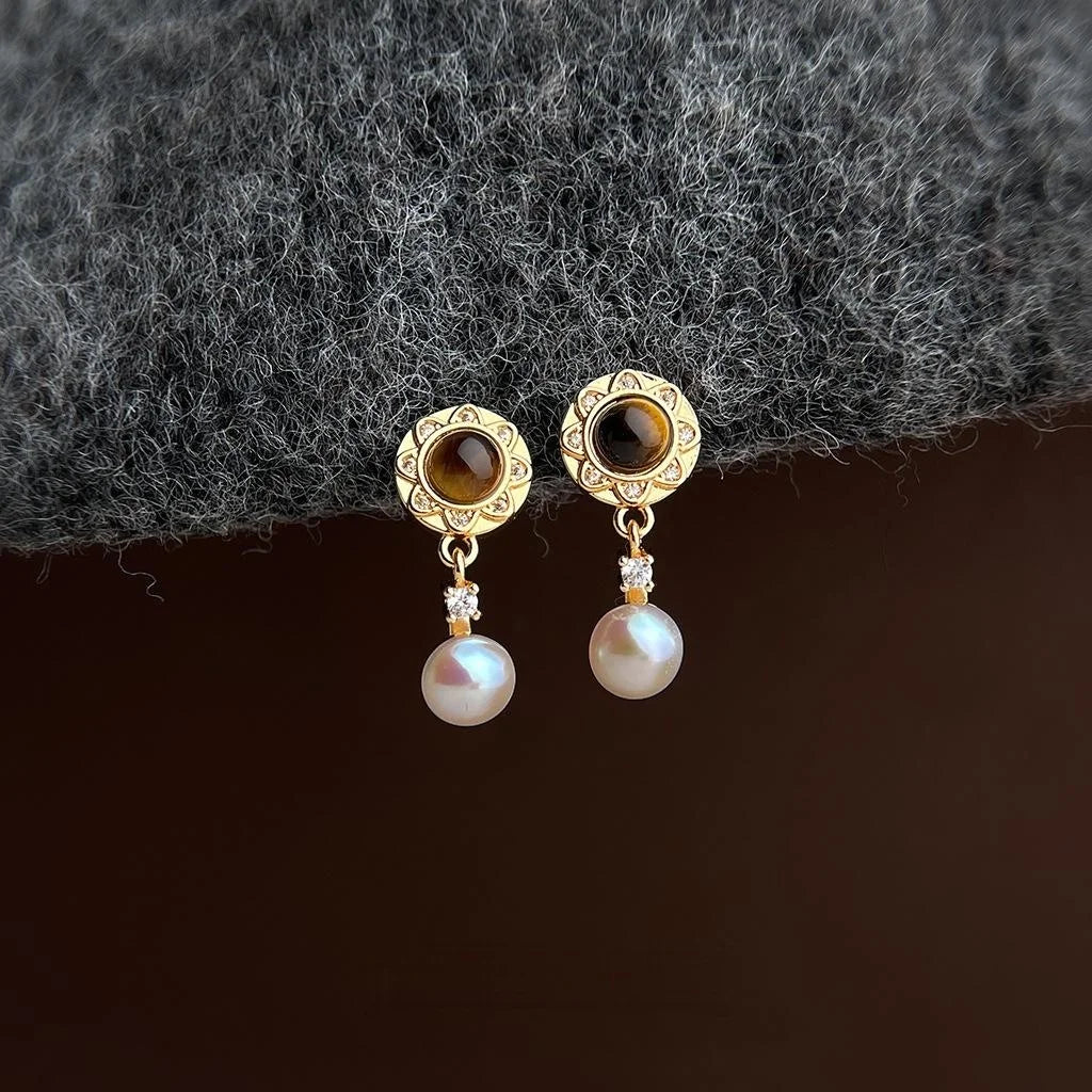 French Vintage Freshwater Pearl Tiger Eye Round Zircon Copper Drop Earrings