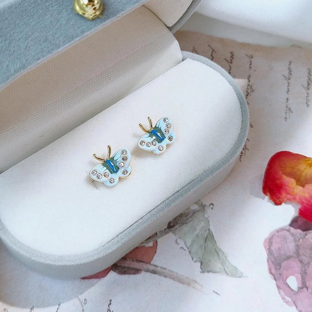 Vintage Mini Butterfly Stud Earrings 14K Gold Plated Copper Enamel Drip Oil Jewelry