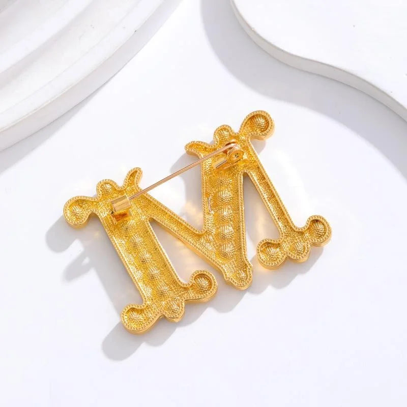 Luxury M Letter Rhinestone Alloy Brooch Elegant Gold Tone Zircon Lapel Pin Corsage For Women Suit Gift