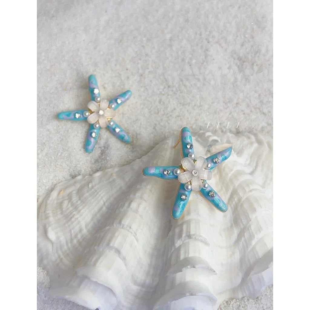 Vacation Style Resin Starfish Stud Earrings With Glossy Pearl Flower Enamel Design