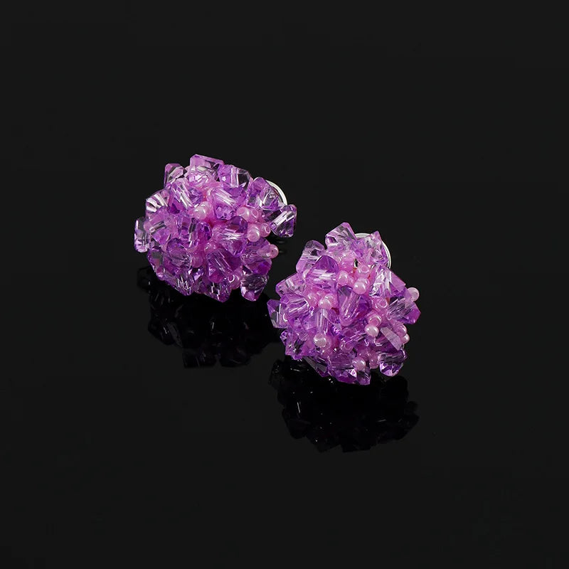 Elegant Purple Crystal Beaded Flower Stud & Clip On No Piercing Handmade Pearl Cluster Earrings