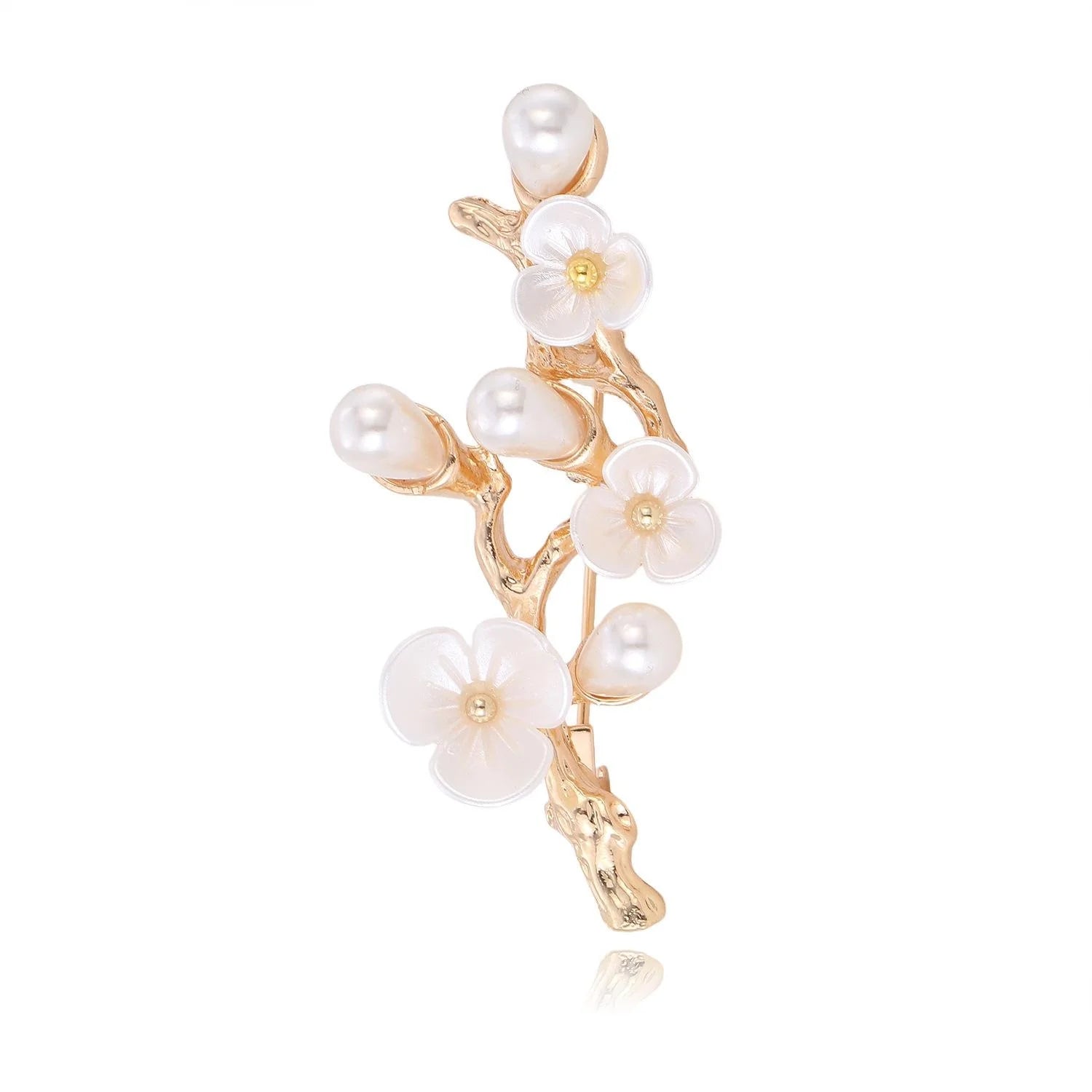 Elegant Mother Of Pearl Flower Branch Brooch With Faux Pearls, Gold Alloy Lapel Pin Suit Accessory Gift