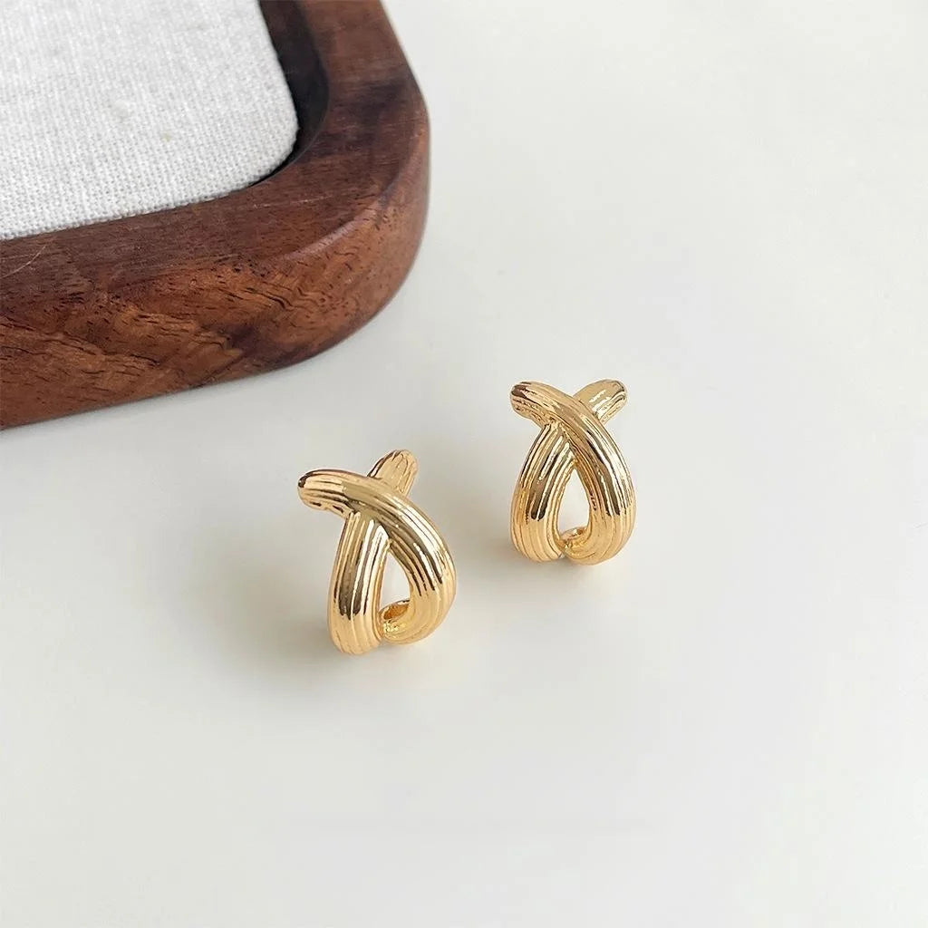 Textured Copper Geometric Cross Arc Fishtail Stud Earrings
