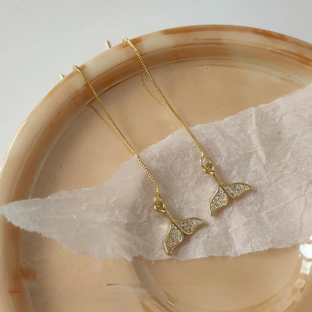 14K Gold Plated Copper Fishbone Drop Earrings With Micro Pave Zircon, Premium Fishtail Ear Thread Jewelry