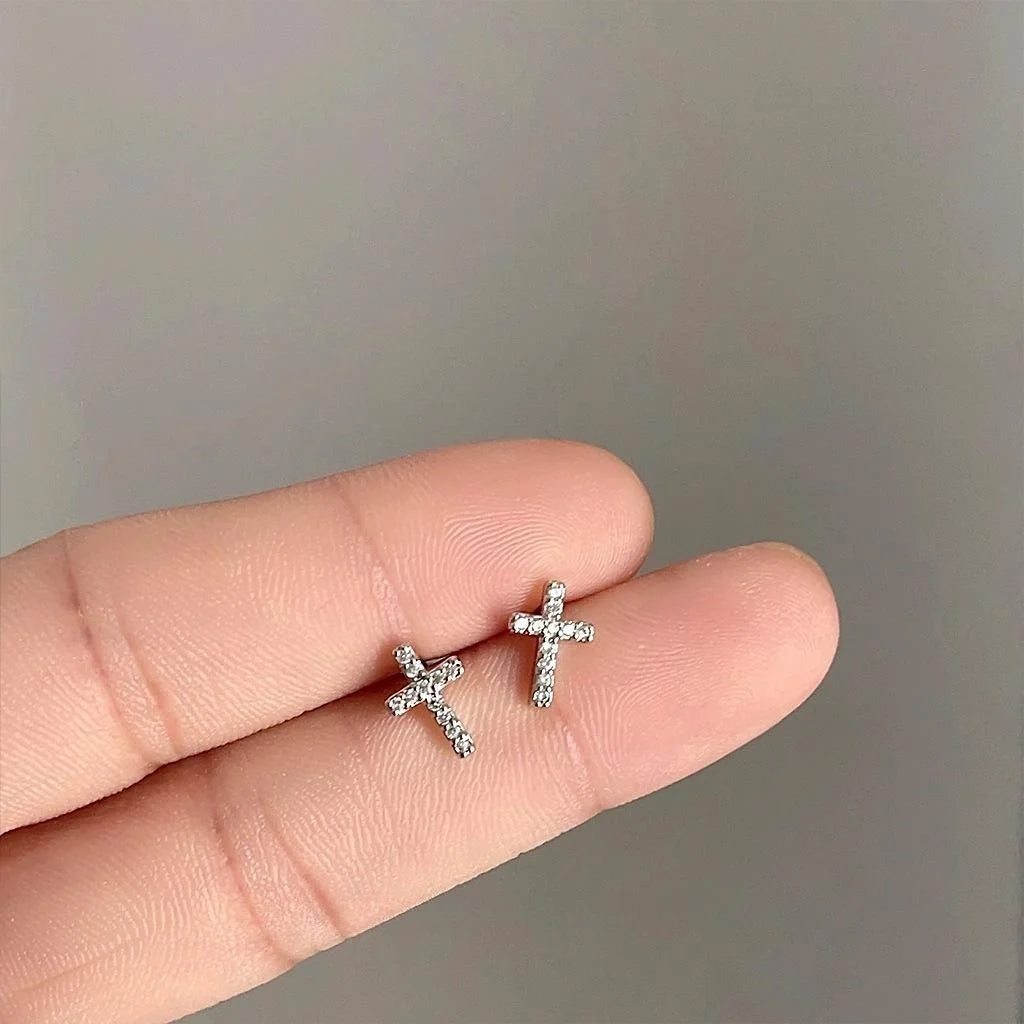 Minimalist Copper Micro Pave Zircon Cross Stud Earrings For Women, Mini Geometric Jewelry