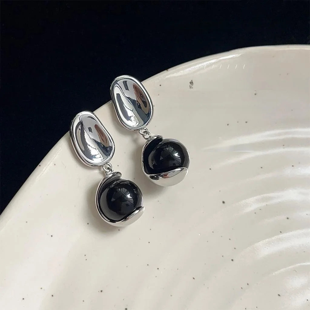 Designer Minimalist Copper Lacquered Pearl Drop Earrings, Geometric Oval Office Jewelry