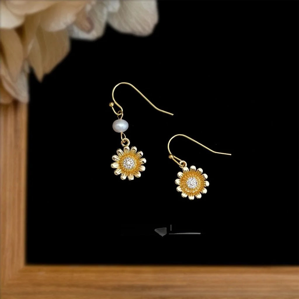 Vintage Asymmetric Daisy Freshwater Pearl Copper Drop Earrings For Women Floral Petal Jewelry