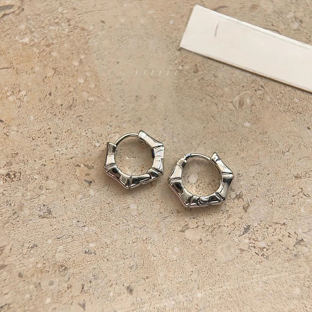 New Chinese Style Bamboo Joint Copper Stud Earrings Minimalist Smooth Hoop Commuter Jewelry