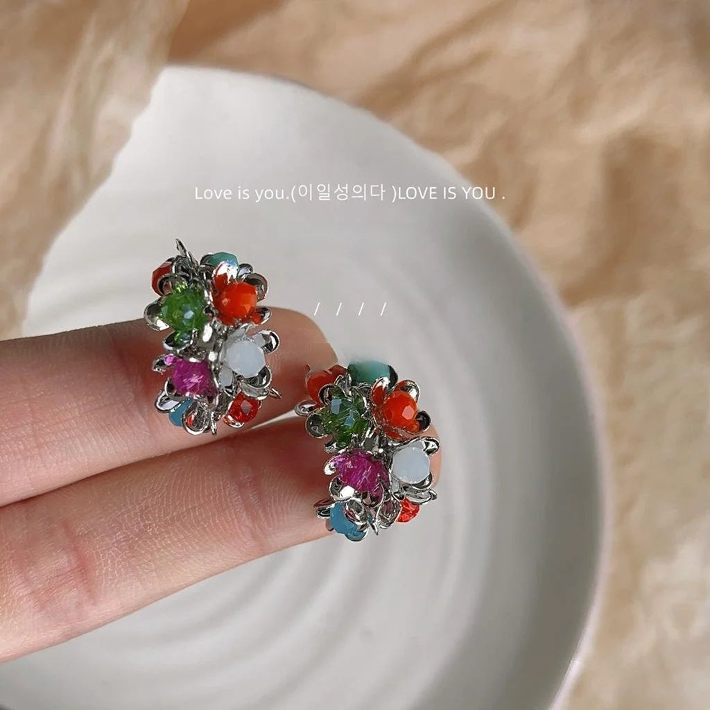 Colorful Glass Flower Hoop Earrings Copper C Shape Vacation Style Sweet Floral Jewelry