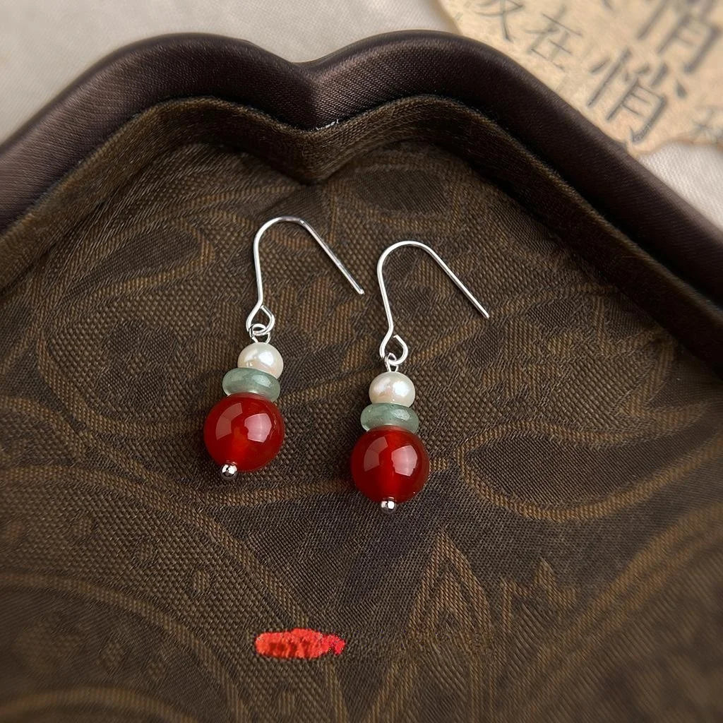 Vintage Palace Style Freshwater Pearl Red Agate Aventurine Geometric Round Drop Earrings