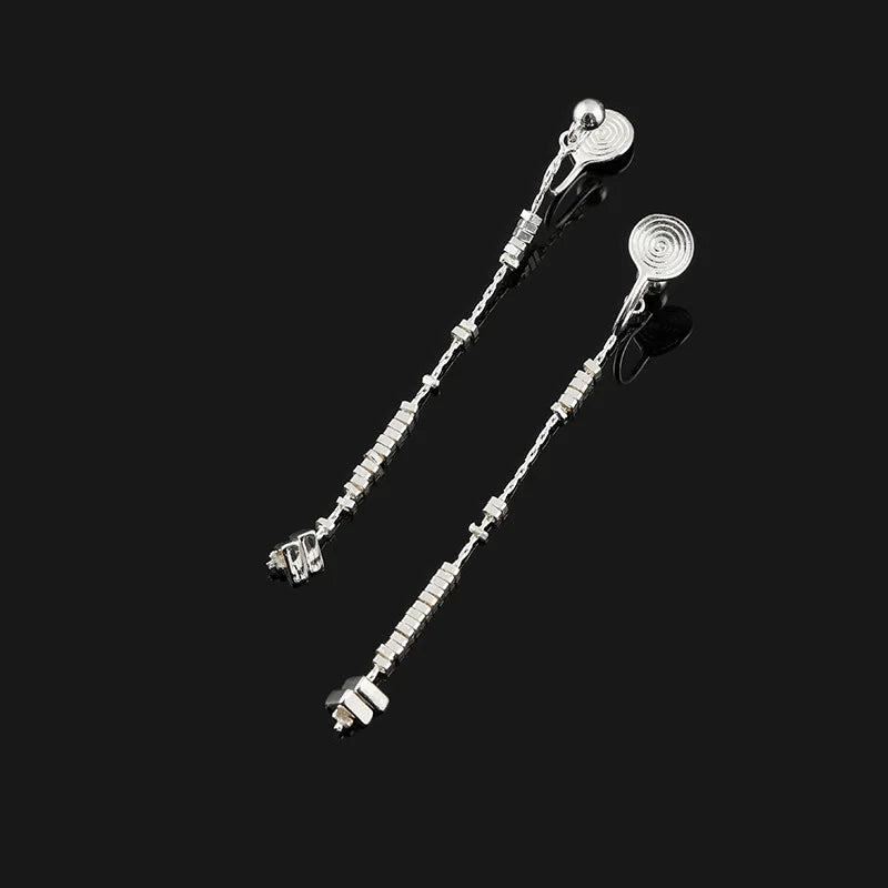 Elegant Silver Alloy Broken Silver Bead Long Chain Tassel Stud & Clip On No Piercing Women's Earrings