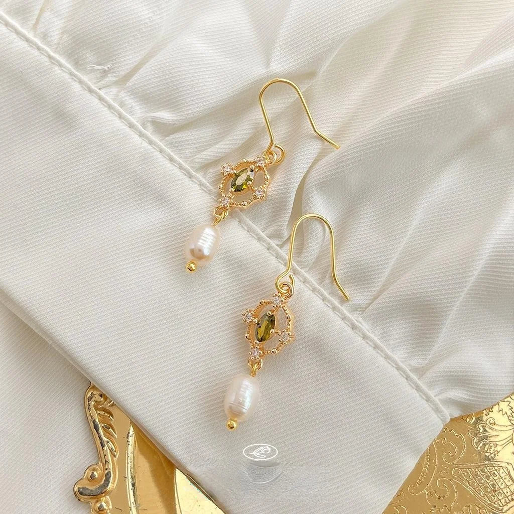 Freshwater Pearl Drop Earrings 14K Plated Micro Pave Zircon Geometric Oval Hoop Minimalist Style