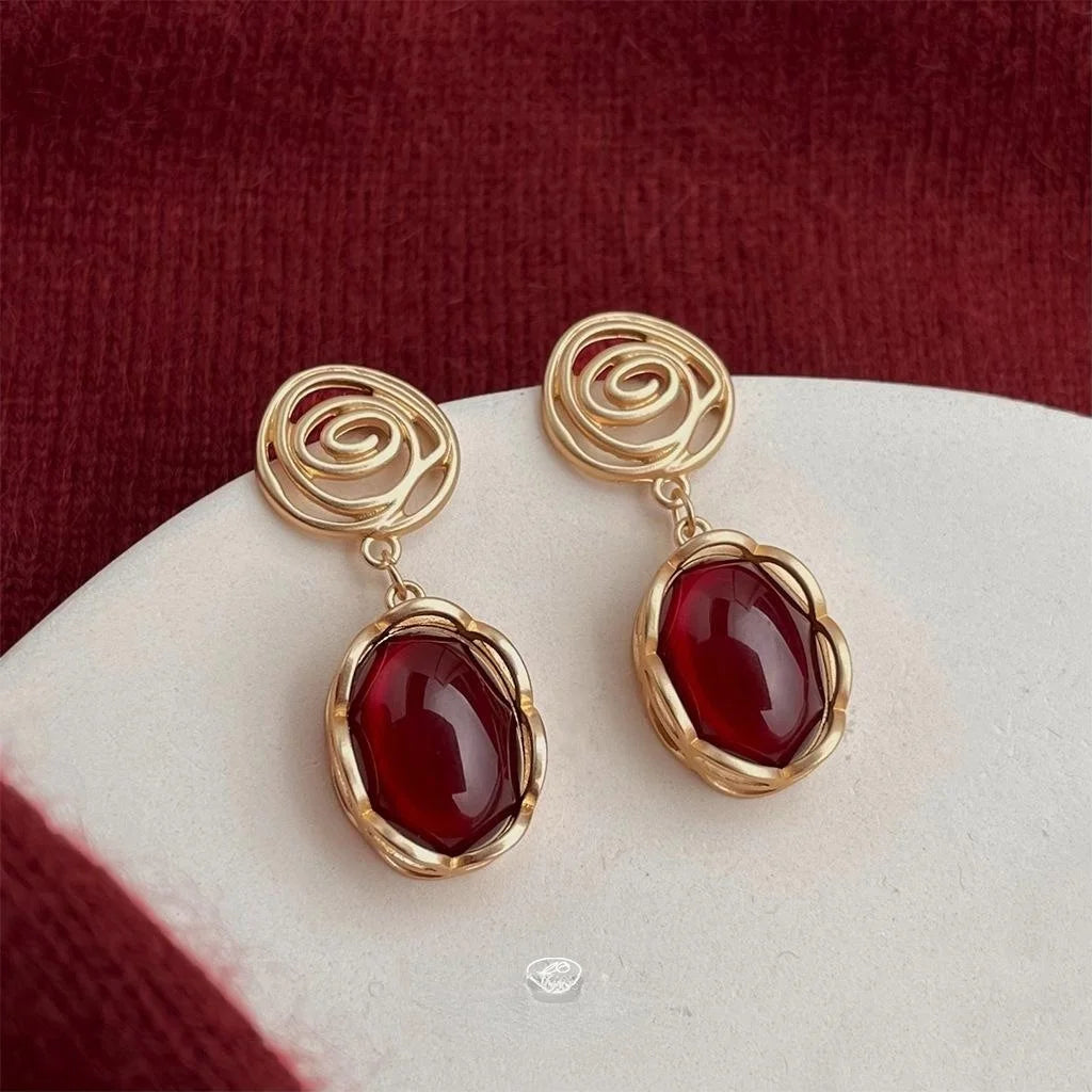 French Vintage Copper Oval Geometric Drop Earrings, Artistic Heavy Texture Statement Jewelry