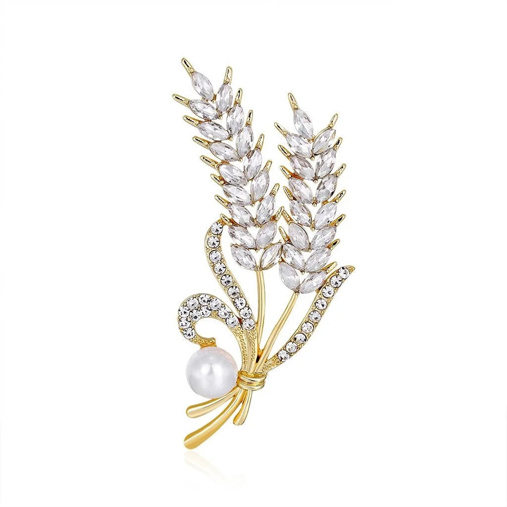 Elegant Rhinestone Wheat Ear Pearl Brooch For Women, Gold Alloy Lapel Pin Corsage Suit Accessory Gift