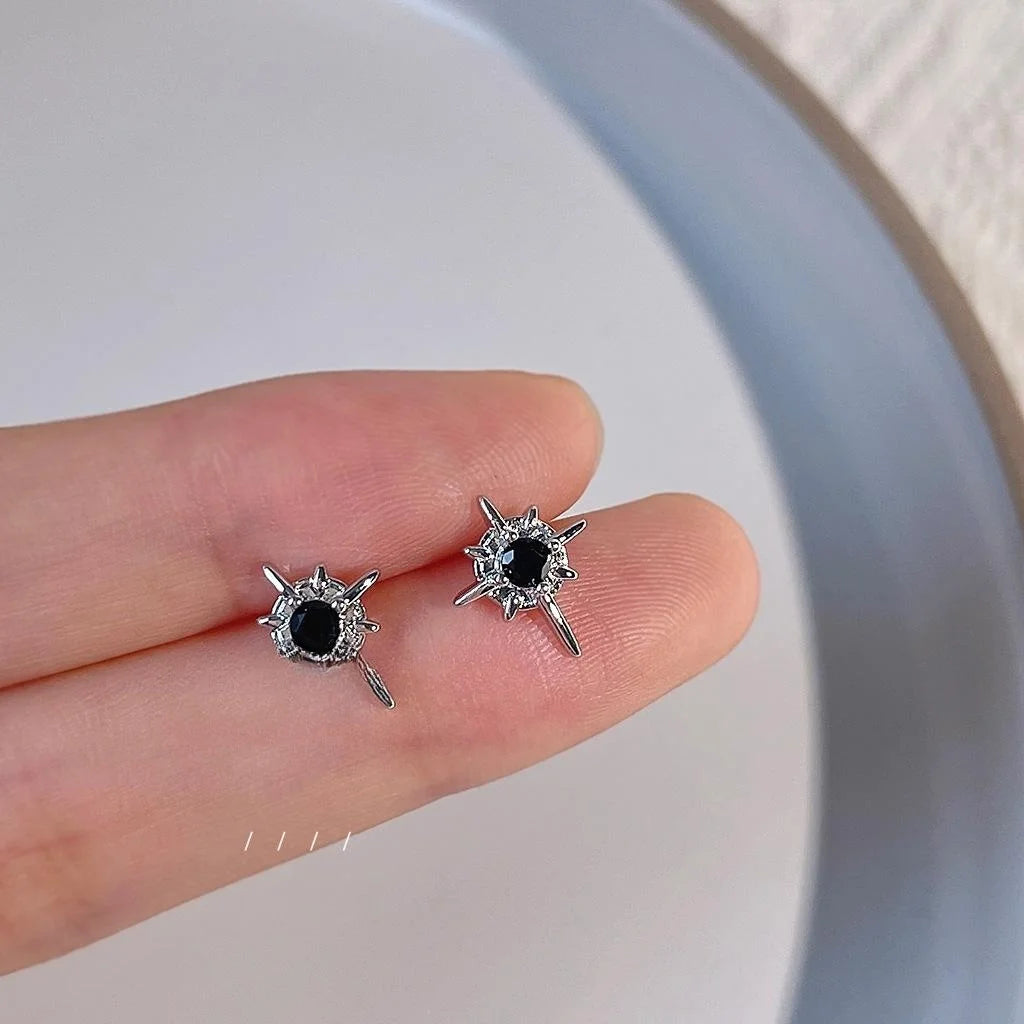 Minimalist Six Point Star Stud Earrings Micro Pave Zircon Copper Korean Style Black White Jewelry