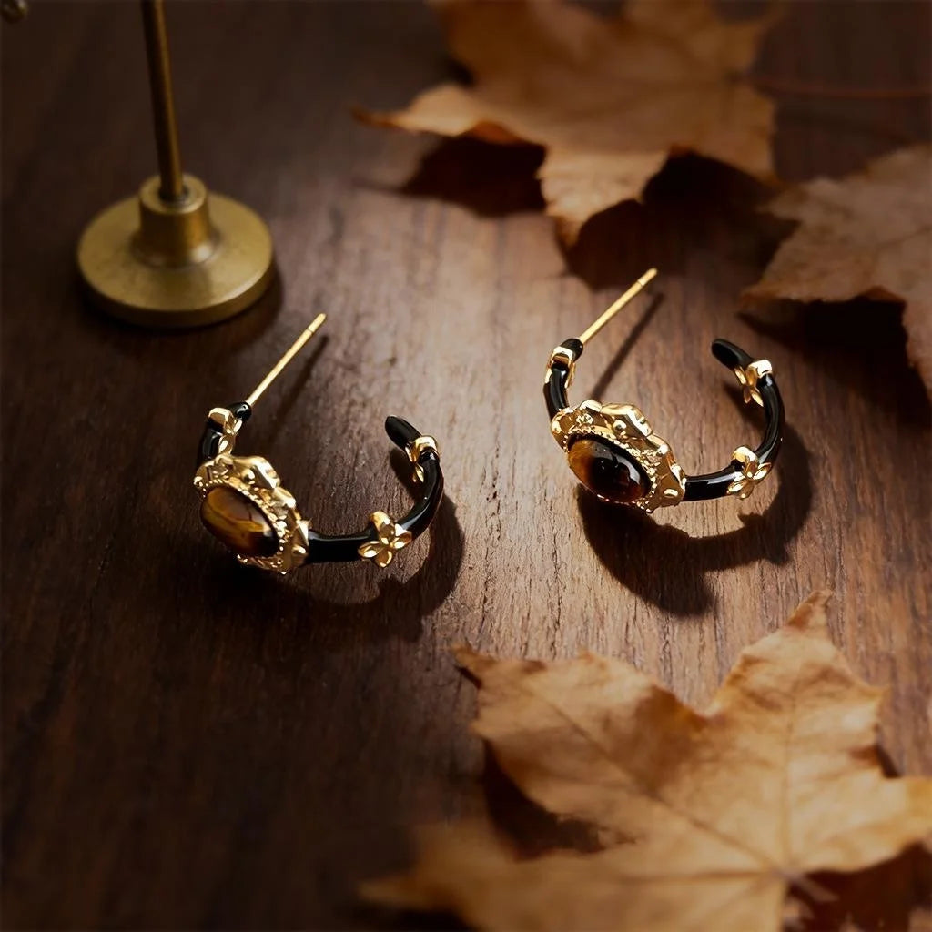 Vintage Maillard Tiger Eye Enamel Drip Glaze Copper Black Gold Round Drop Earrings With Zircon