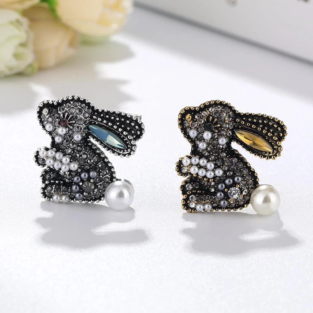 Cute Rabbit Brooch With Black Rhinestones Faux Pearls And Blue Enamel Ear, Elegant Lapel Pin Suit Accessory Gift