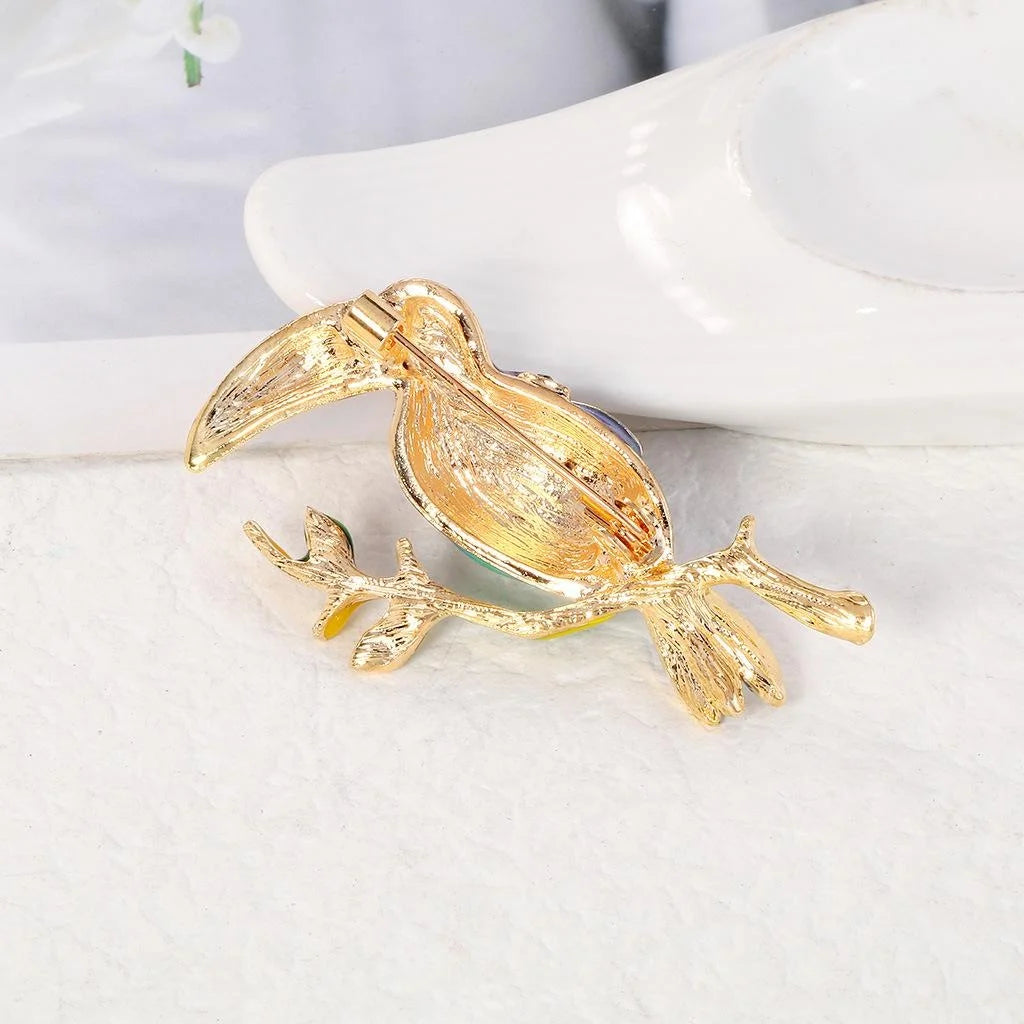 Elegant Enamel Toucan Bird Brooch With Rhinestone Accents, Alloy Lapel Pin Corsage Suit Accessory Gift