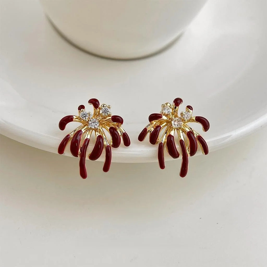 Luxury Burgundy Firework Micro Pave Zircon Enamel Geometric Copper Stud Earrings