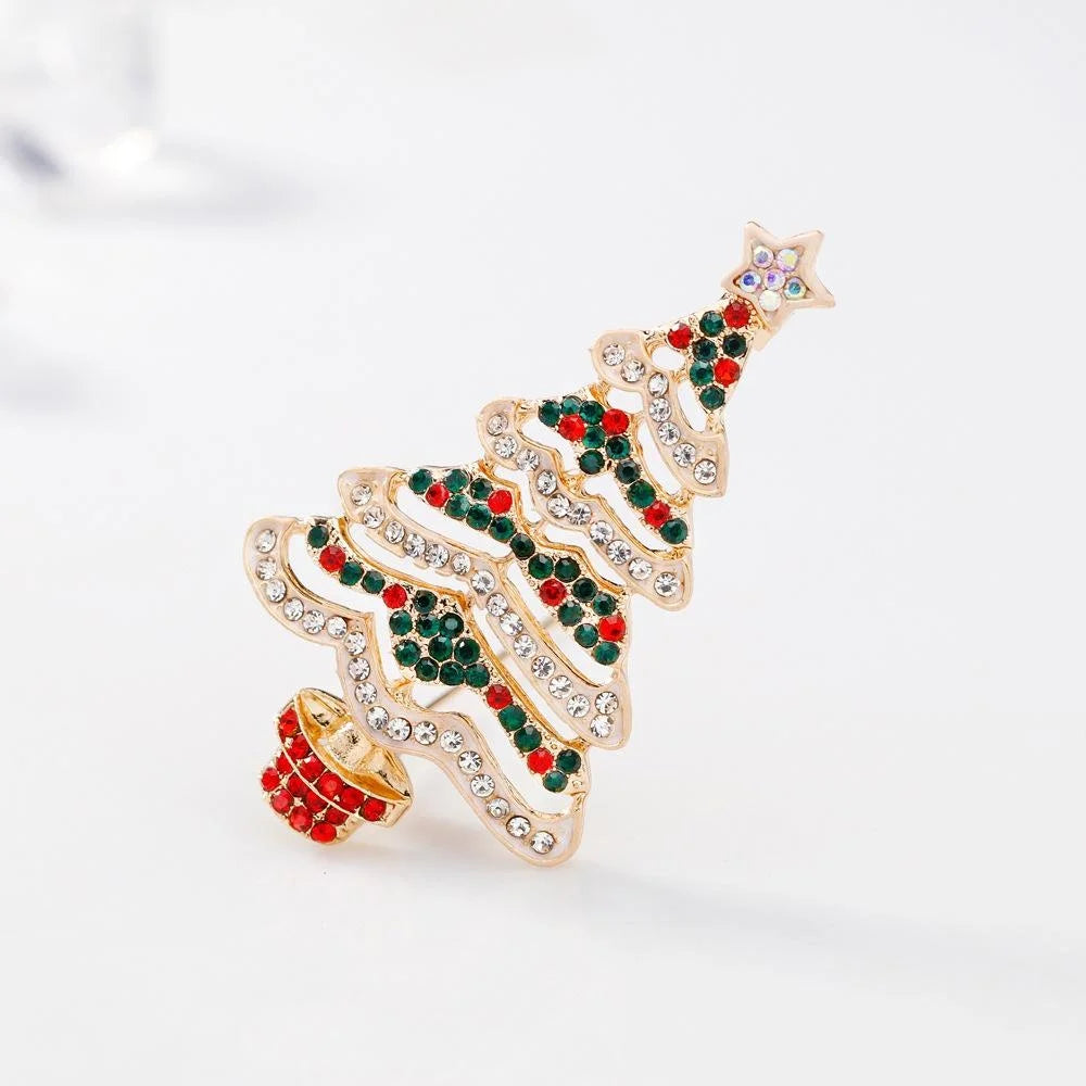 Cute Christmas Tree Alloy Rhinestone Brooch, Gold Tone Festive Lapel Pin Corsage Suit Accessory Gift
