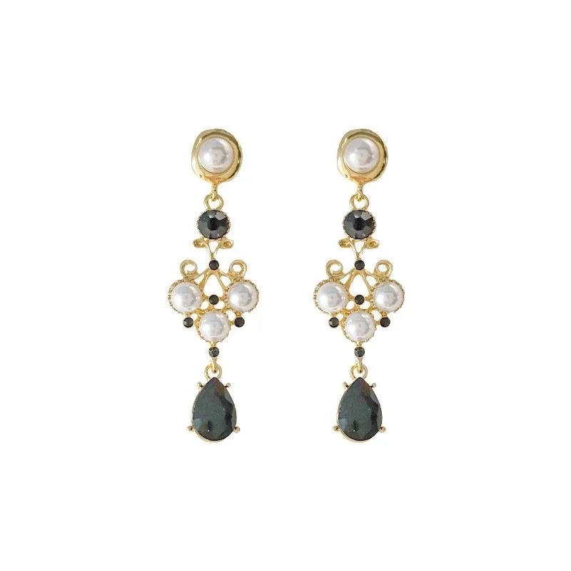 14K Plated Glass Crystal Geometric Long Stud Earrings Dark Vintage Palace Style