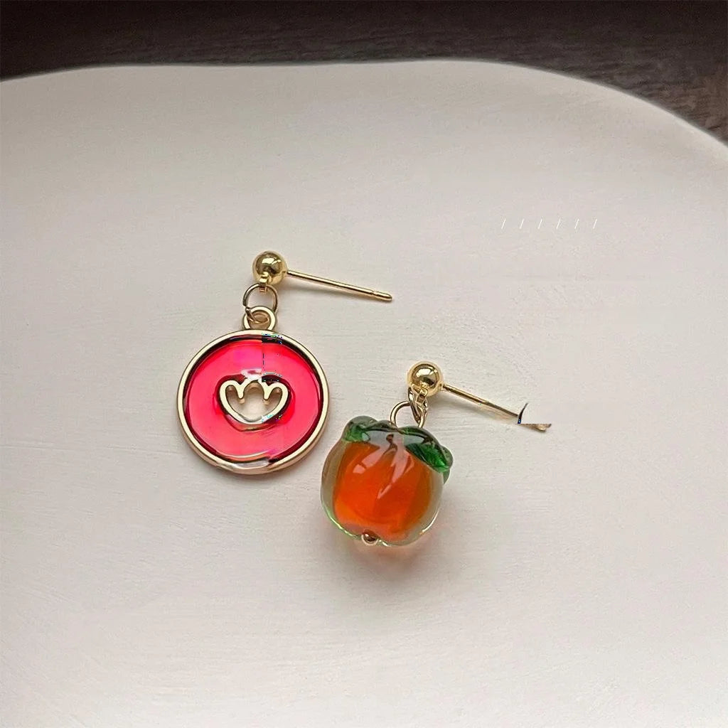 Handmade Chinese Style Asymmetrical Persimmon Ingot Glass Crystal Drop Earrings