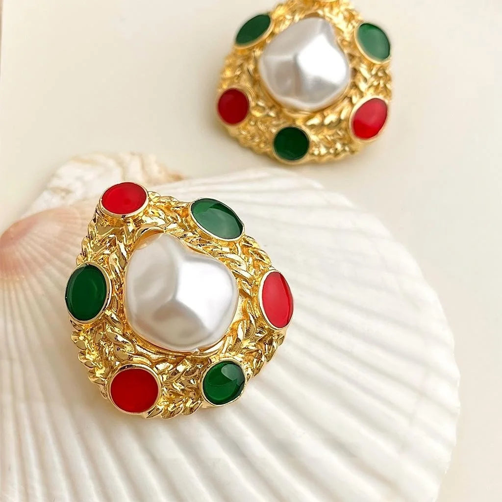Oversized French Vintage Copper Pearl Drop Earrings Handmade Enamel Irregular Geometric Design