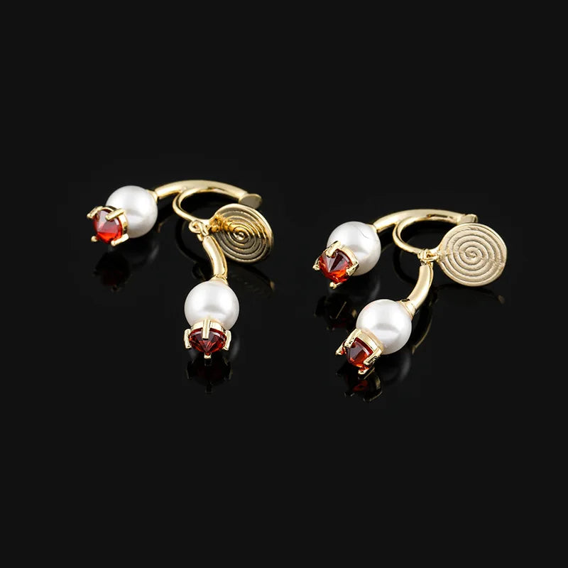 Elegant Spiral Disc Back Hanging Pearl Red Crystal Stud & Clip On No Piercing Hoop Earrings