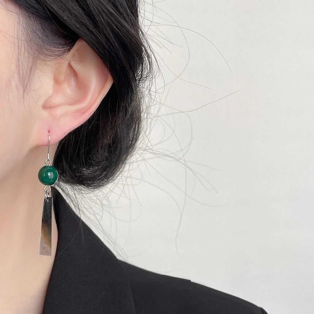 New Chinese Style Green Agate Shell Geometric Tassel Drop Earrings Handmade