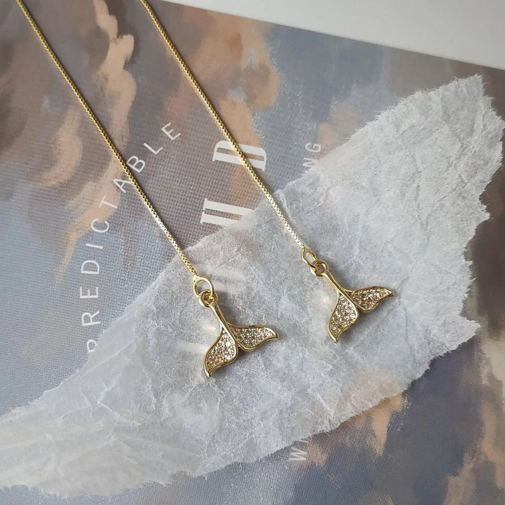 14K Gold Plated Copper Fishbone Drop Earrings With Micro Pave Zircon, Premium Fishtail Ear Thread Jewelry