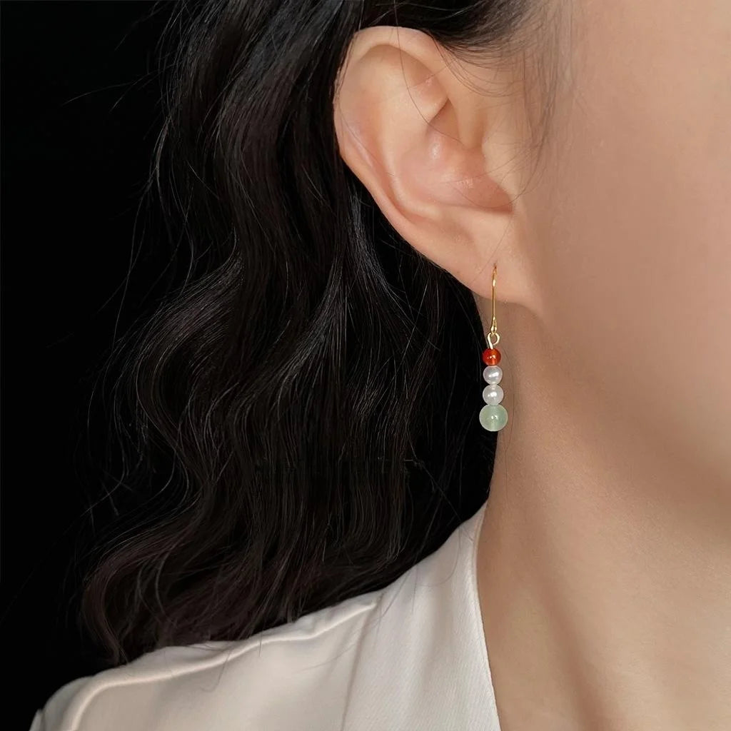 Vintage New Chinese Freshwater Pearl Red Agate Natural Stone Geometric Drop Earrings